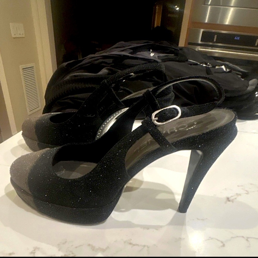 CHANEL Black Glitter Cap Toe Slingback Stiletto Heels Buckle EU 39